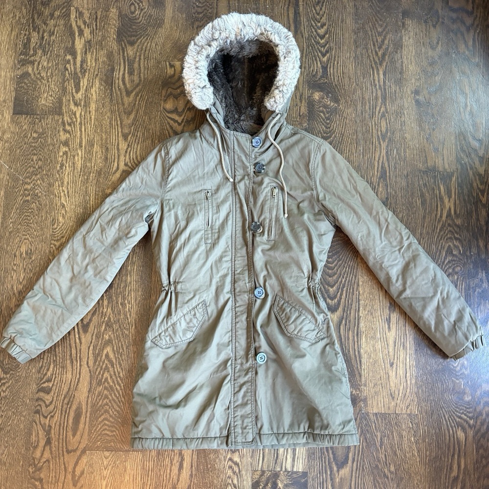 American Eagle Womens S Olive Green Parka Faux Fur Hood Utility Quilt Lined Coat